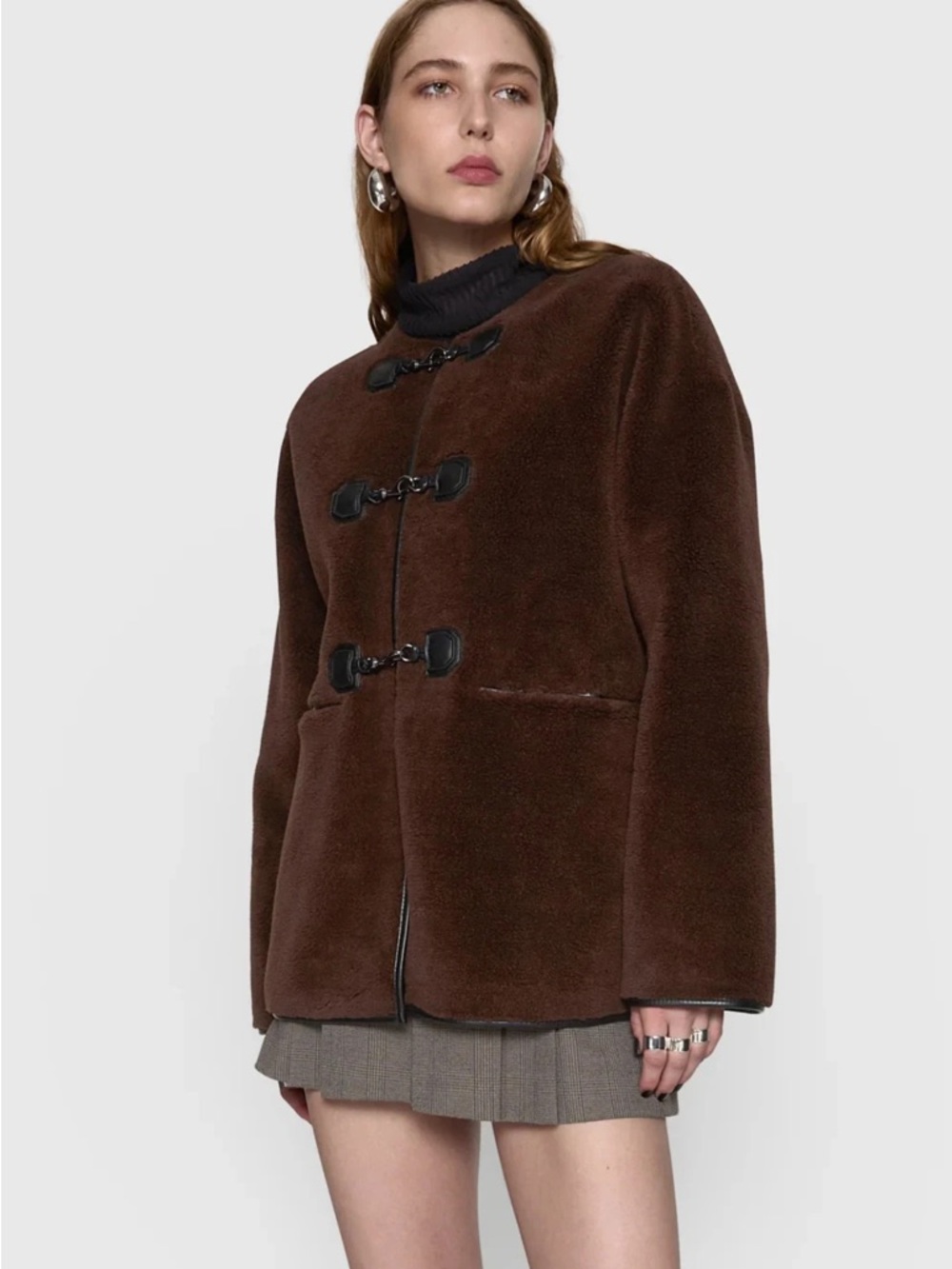 NWT $268 Rebecca Minkoff Shearling Toggle Jacket Chocolate Brown XL - Picture 1 of 7